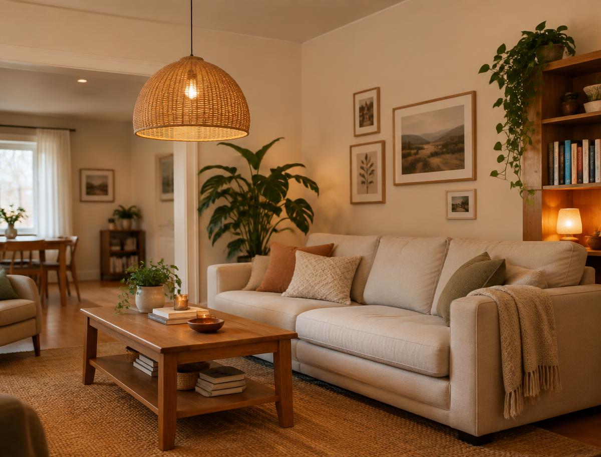 A cozy shared living room with a comfortable sofa and warm lighting