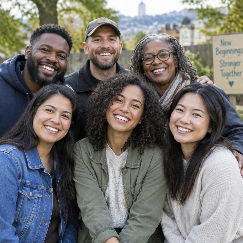 A diverse group of adults smiling together outdoors