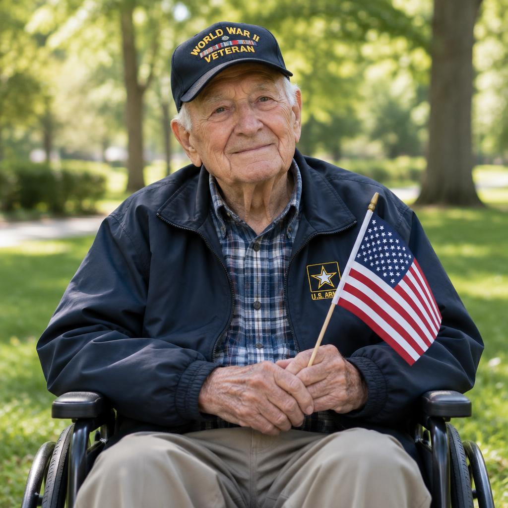 An elderly veteran outdoors holding a small American flag
